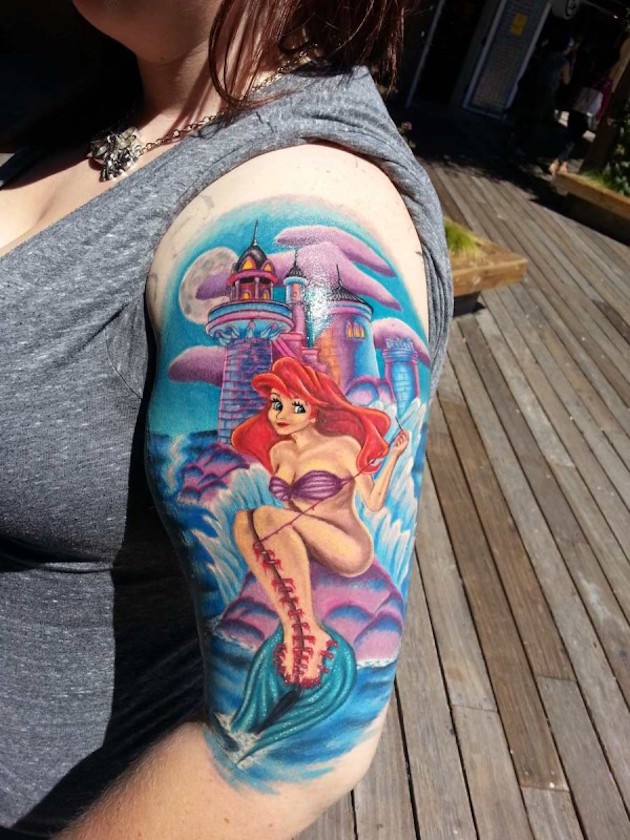 Cute original designed old cartoon mermaid tattoo on shoulder with castle