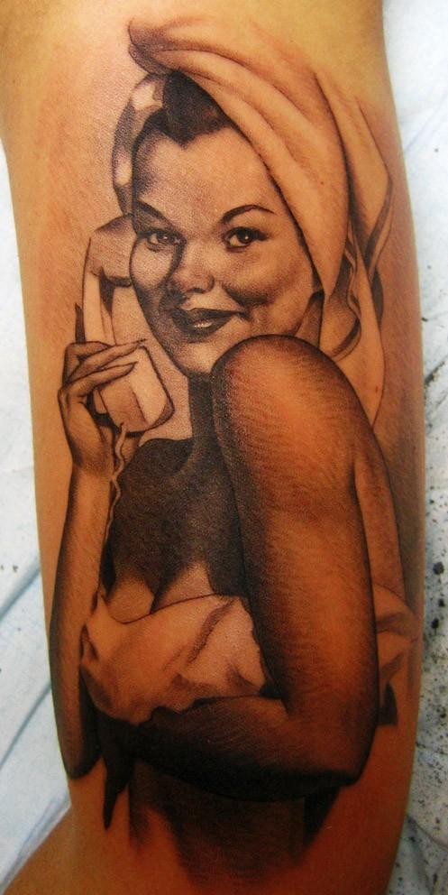 Cute pin up girl and telephone tattoo by Xavier Garcia Boix
