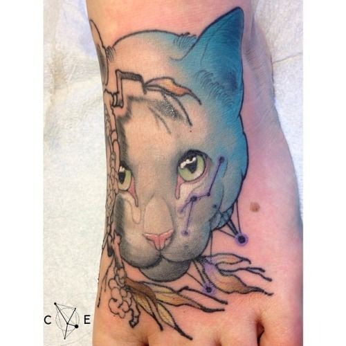 carino ritratto di gatto gatto tatuaggio sul piede