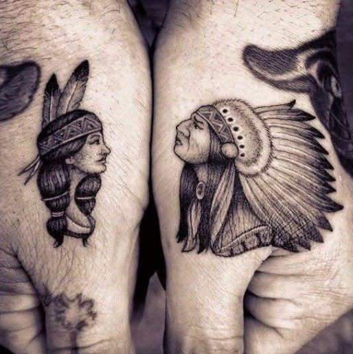 Cute portraits of native american women and men tattoo on hand