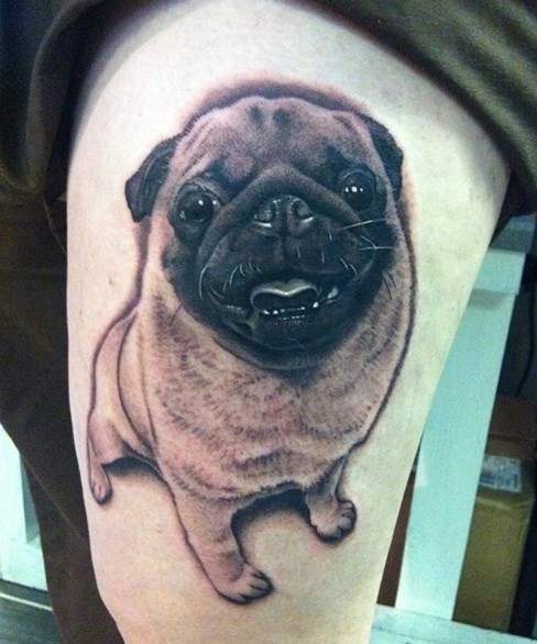 Cute pug dog tattoo on thigh