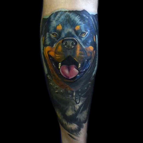 Cute realistic naturally colored Rottweiler tattoo
