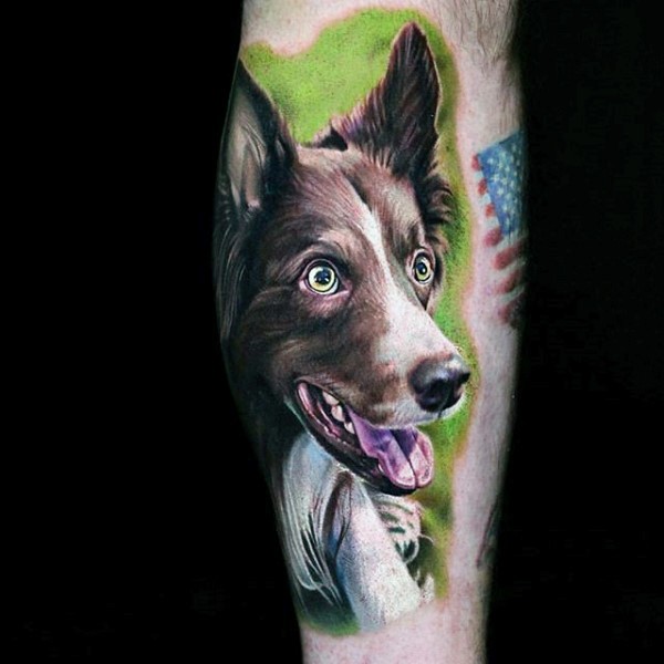 Cute realistic photo like colorful dog portrait tattoo on leg