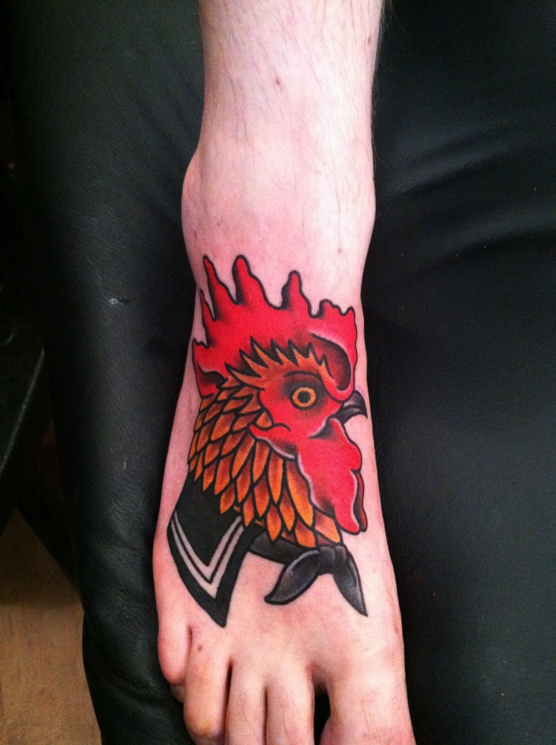 Cute rooster tattoo on foot for guys