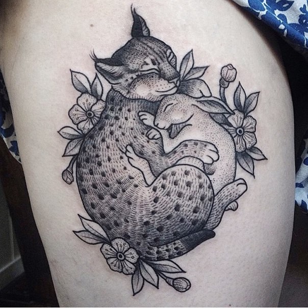 Cute sleeping lynx and rabbit in flowers detailed tattoo in in engraving style