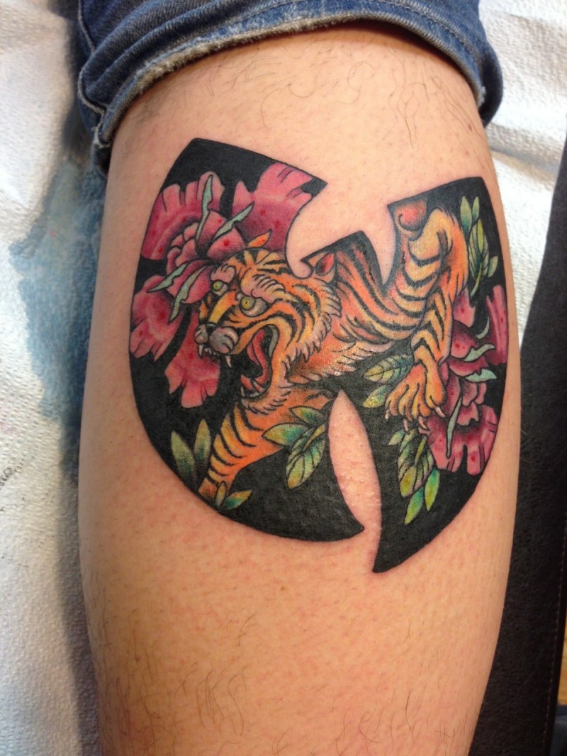 Cute symbol shaped leg tattoo stylized with tiger and flowers