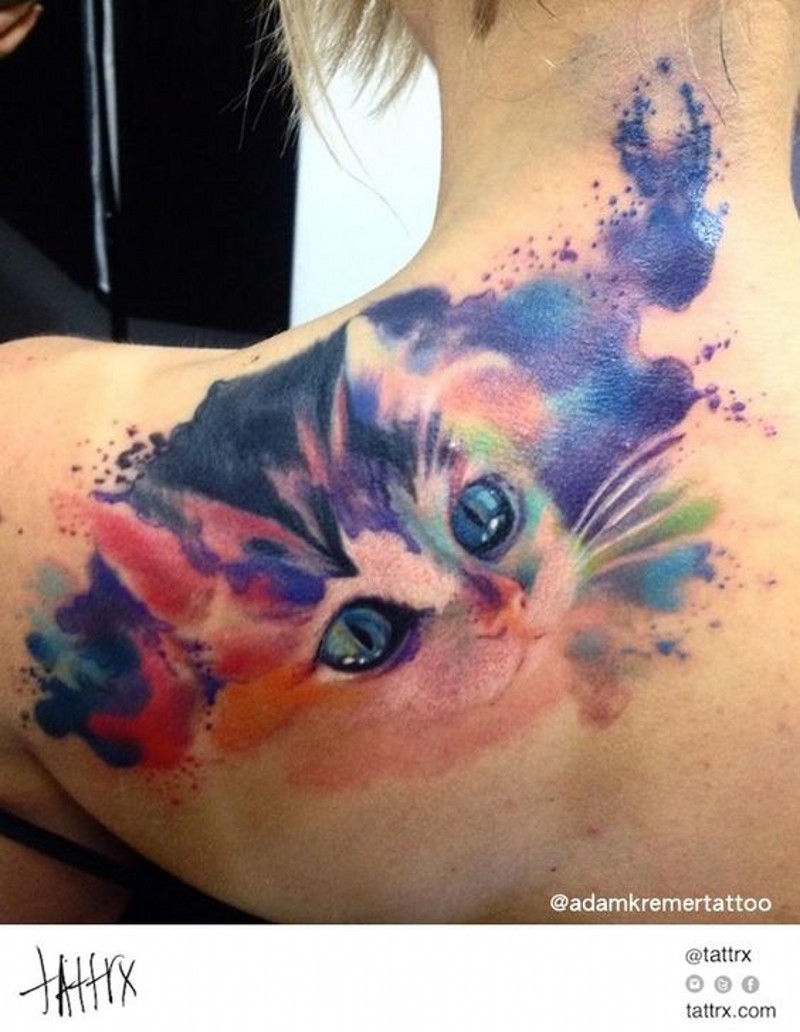 Cute watercolor style painted little kitten tattoo on shoulder