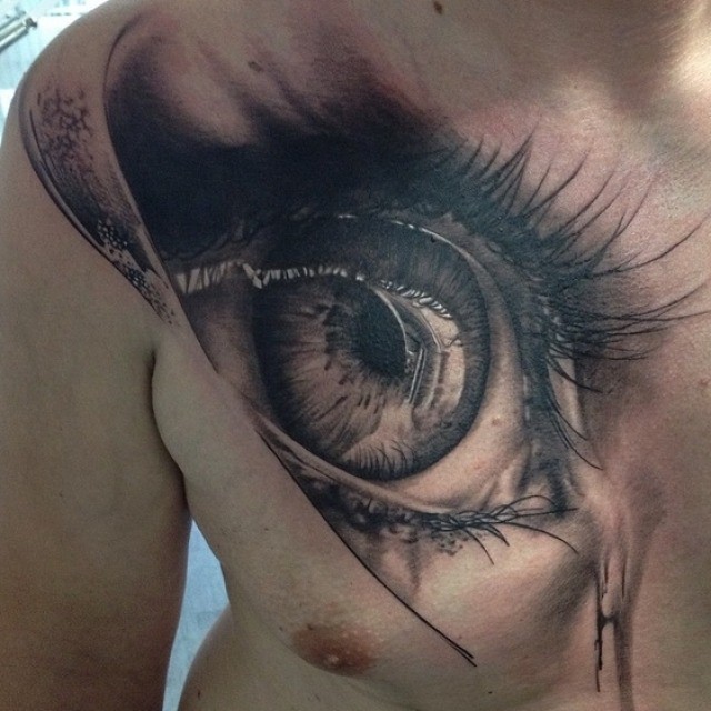#D very detailed natural looking human eye tattoo on chest