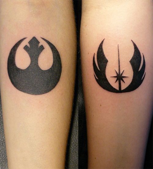 Dark black ink Jedi Order symbol and Rebel symbol Star Wars symbolical tattoos