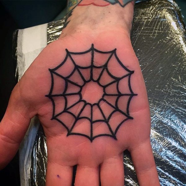 Dunkles schwarzes Spinnennetz einfaches Design im hausgemachten Stil Tattoo auf der Handfläche
