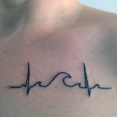 Dark black ink thin heart rhythm tattoo on chest