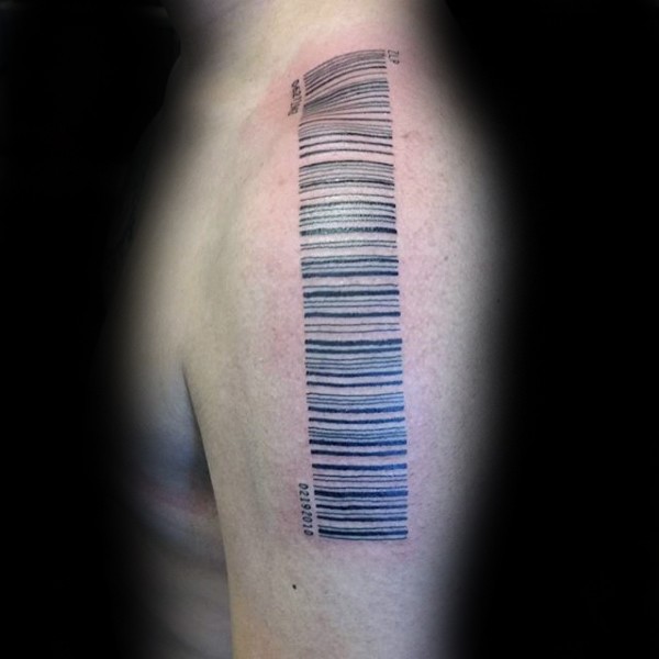 Dark black ink zip code detailed tattoo on man's shoulder