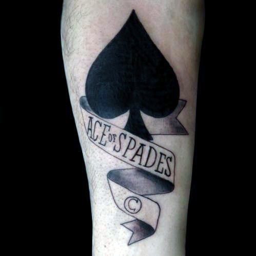 Dark black Spades symbol and banner lettering Ace of Spades tattoo