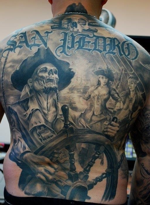 Dead pirate captain tattoo on back