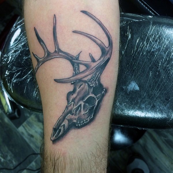 Deer&quots skull with horns detailed tattoo in 3D style