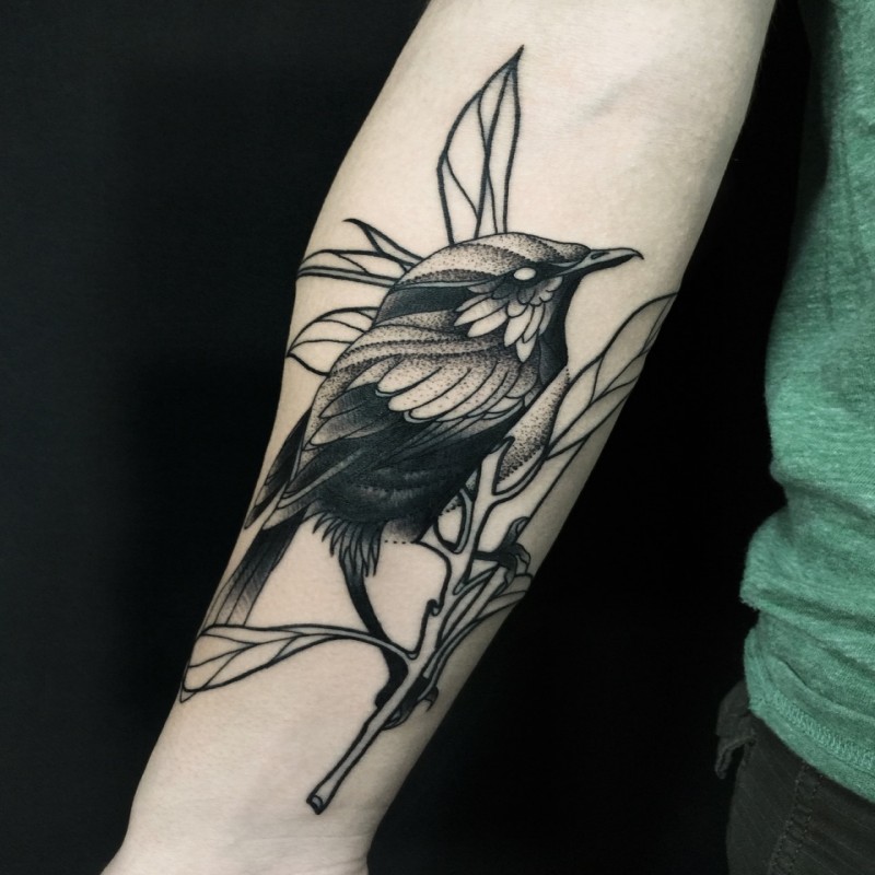 Demonic dotwork style painted by Michele Zingales forearm tattoo of cute bird with tree branch
