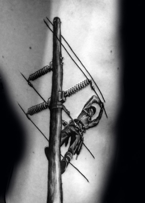 Detailed black ink arm tattoo of lineman worker