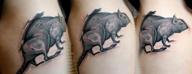 Detailed black ink tattoo of large rat