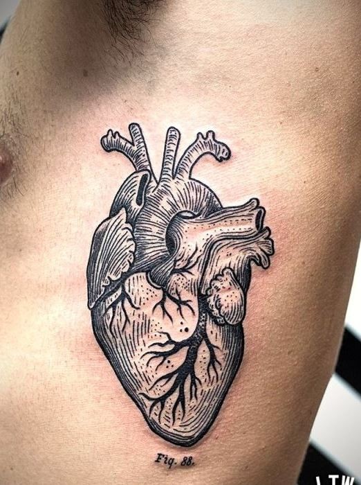 Detailed black lines heart tattoo on ribs