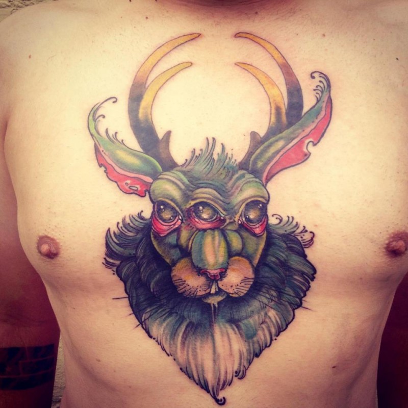 Detailed colored fantasy half rabbit half deer head tattoo on chest area