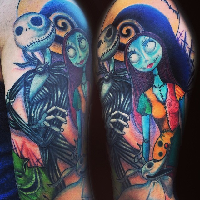 Detailed colorful shoulder tattoo of monster couple with ghosts
