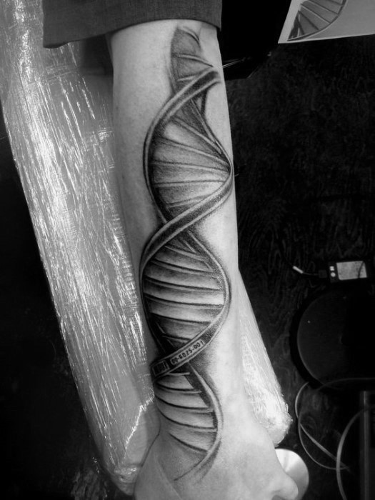 Detailed DNA chain tattoo with numbers on arm