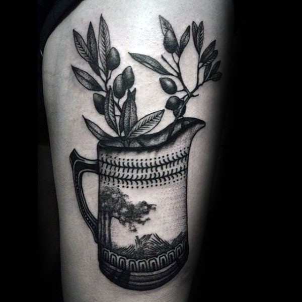 Detailed engraving style thigh tattoo of big cup with olive branches