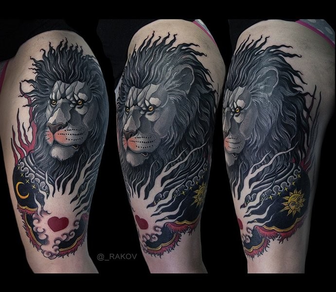 Detailed illustrative style shoulder tattoo of fantasy lion with heart