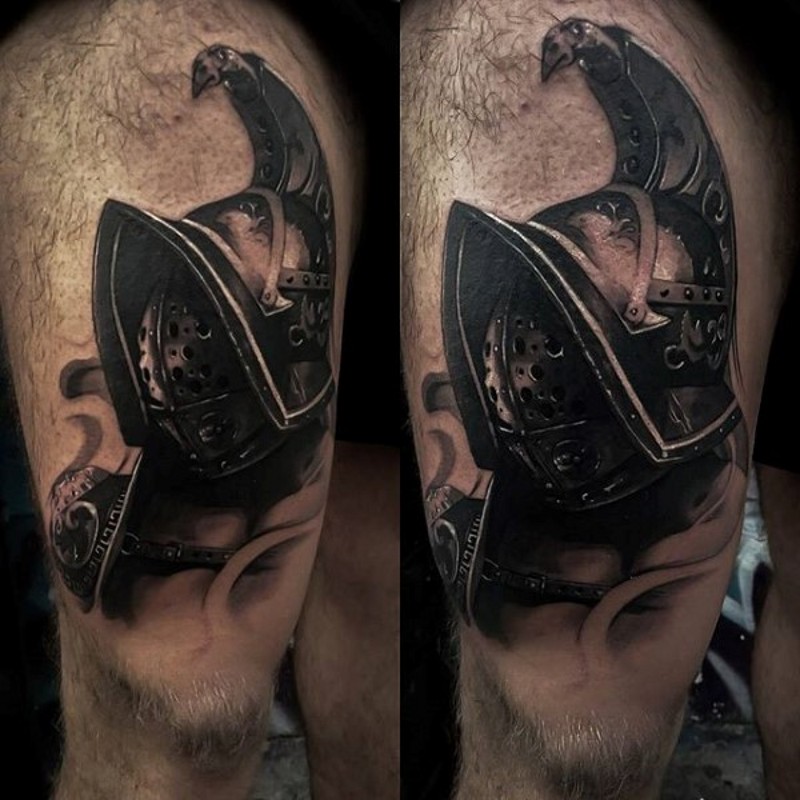 Detailed looking black and white thigh tattoo of gladiator helmet