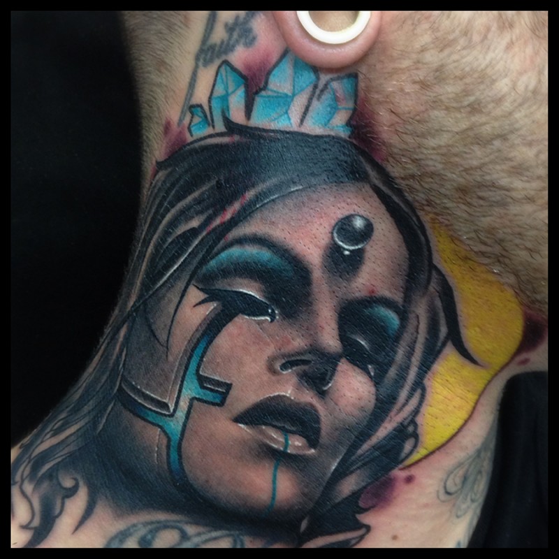 Detailed looking colored neck tattoo of fantasy woman