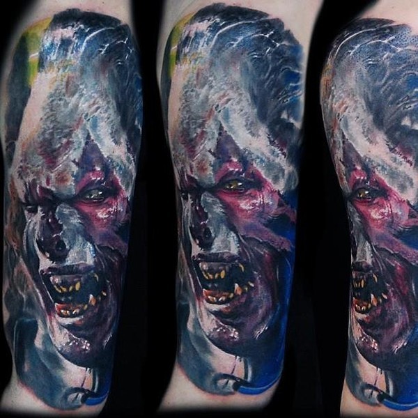 Detailed looking colored tattoo of orc face from Lord of the Rings