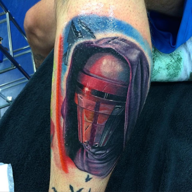 Detailed painted and colored leg tattoo of Star Wars soldier