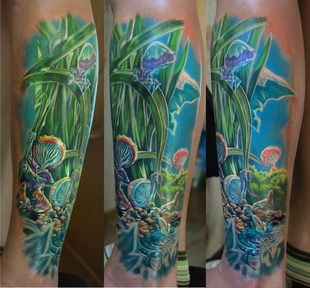 Detailed painted realism style alien plants tattoo