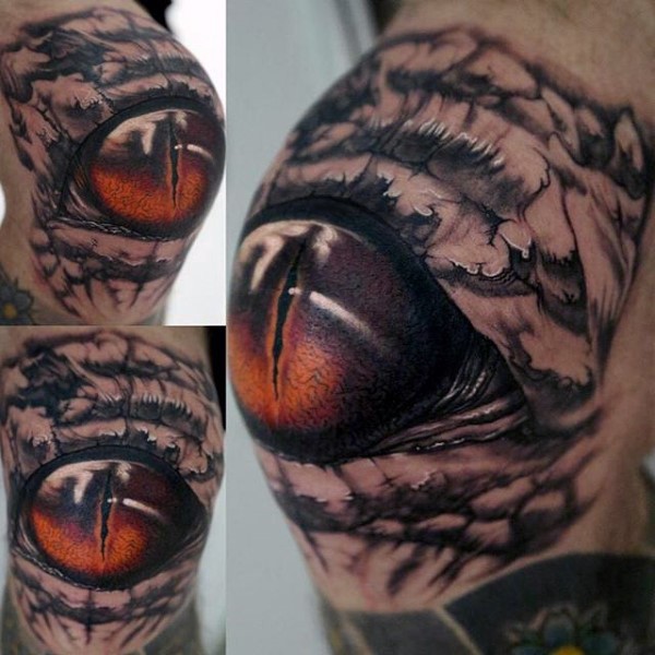 Detailed realism style colored knee tattoo of alligator eye