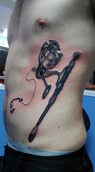 Detailed realistic fishing spinning with hook black and white side tattoo