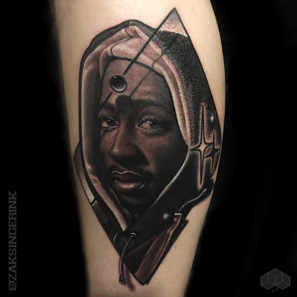 Detailed realistic looking man in hood with mystical symbols and stars