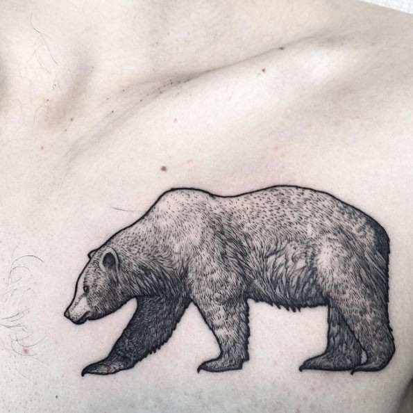 Detailed unique technique bear tattoo on chest zone