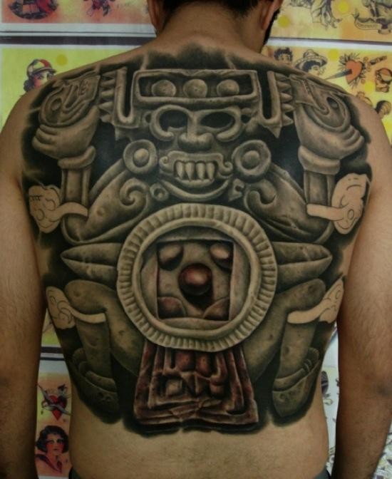 Detailed whole back tattoo of ancient sone statue