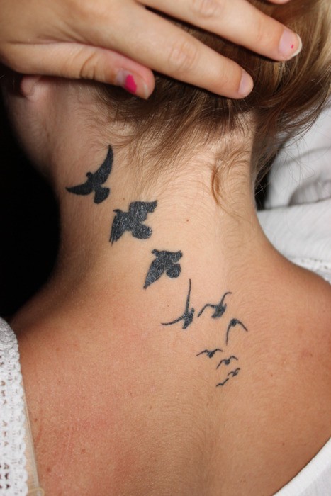Tatuaje en el cuello, aves diferentes simples de color negro