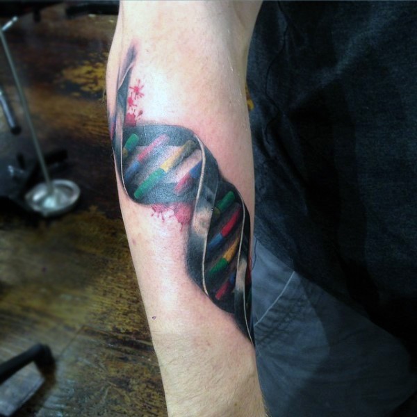 DNA chain with multicolored elements tattoo on arm with paint drips