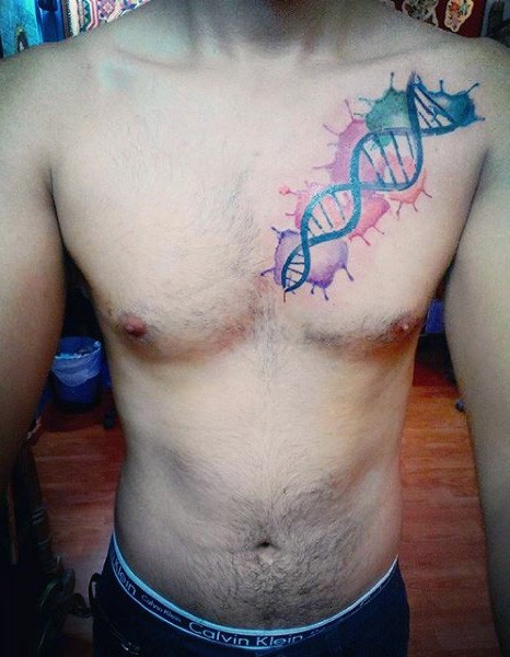 DNA chain with multicolored paint drips tattoo on chest