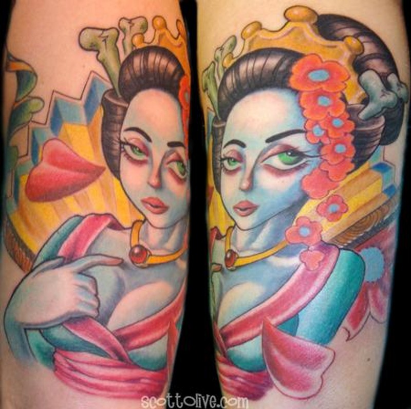 Doll style painted colored Asian seductive woman tattoo combined with big fan