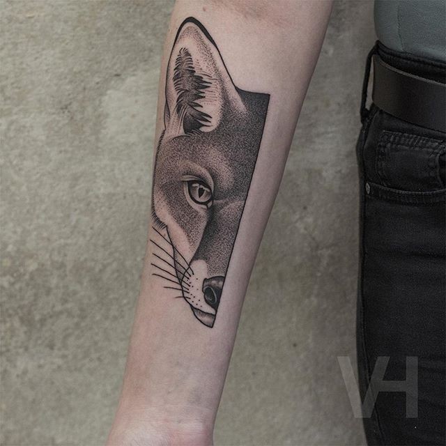 Dot style accurate painted by Valentin Hirsch forearm tattoo of half fox head