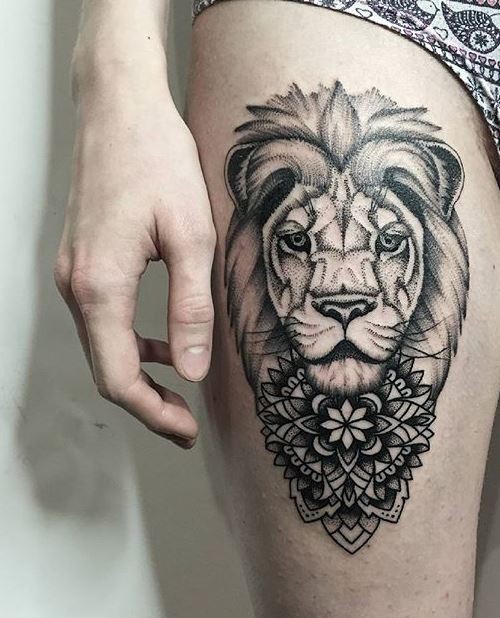 Dot style big lion head tattoo combined with ornamental flower