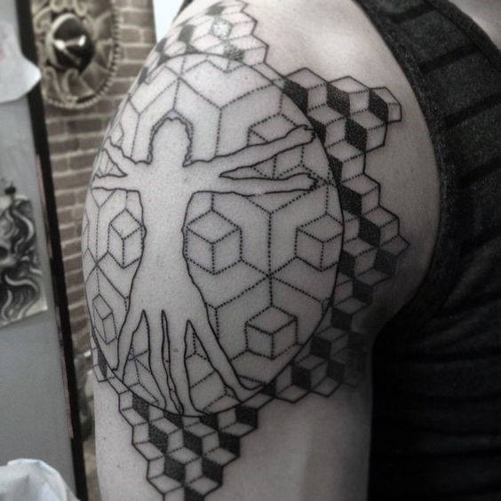 Dot style big shoulder tattoo of Vitruvian man with geometrical figures