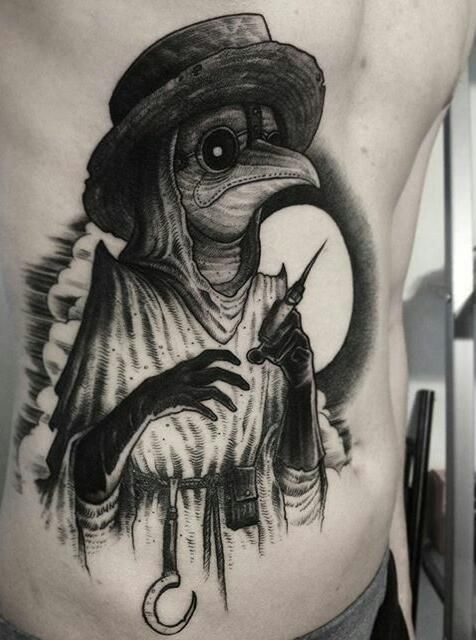 Dot style black ink half chest tattoo of creepy plague doctor