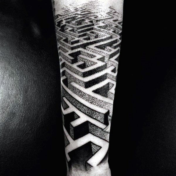Dot style black ink medium size labyrinth tattoo on forearm