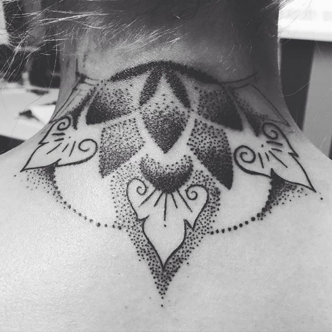 Dot style black ink neck tattoo of ornamental flowers