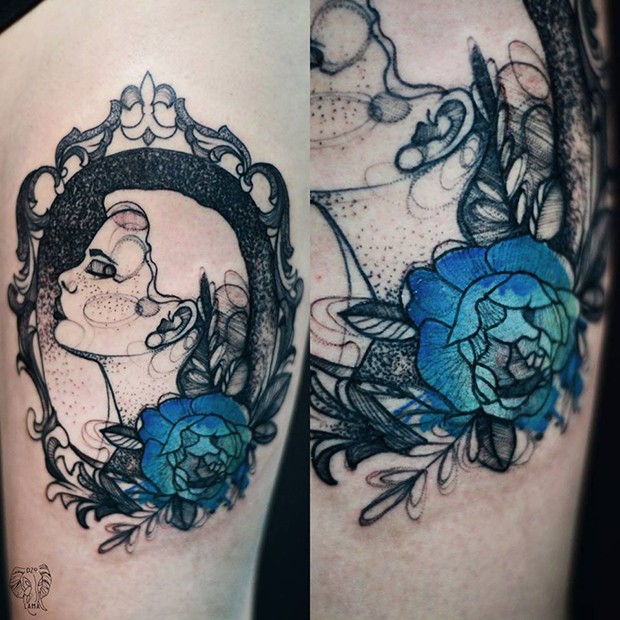 Dot style colored by Joanna Swirska tattoo of woman portrait with blue rose