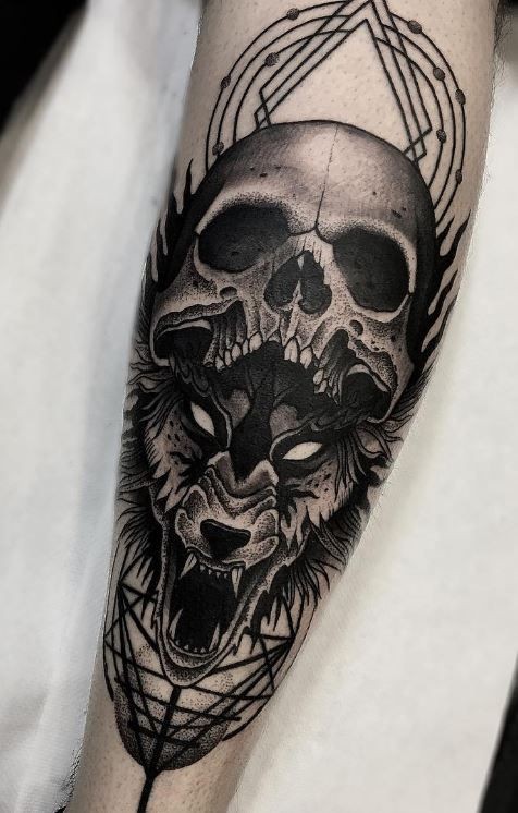 Dot style creepy looking tattoo of demonic wolf with human skull